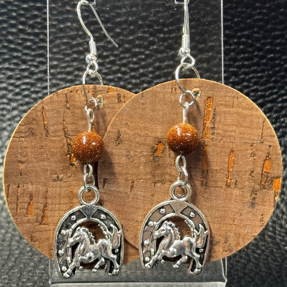 Brown Cork Dangle Earrings With Horse Charms